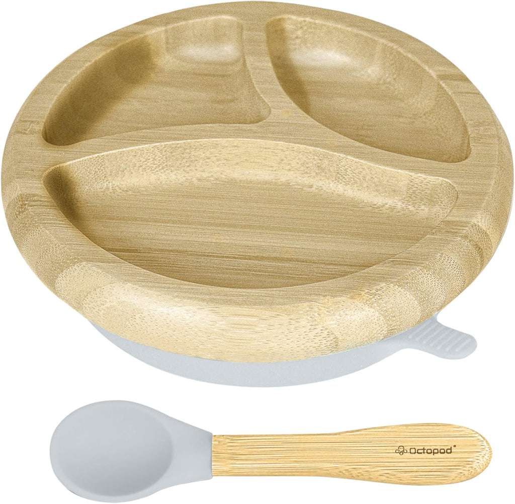 Abiie Octopod Bamboo Dish - Kids Plates for 4 months and up, 3-Compartment Baby Plates with Suction, Round Bamboo Baby Plate, Mess-Free Toddler Suction Plates, Baby Feeding Supplies, 7.5 x 7.5 x 1.9in