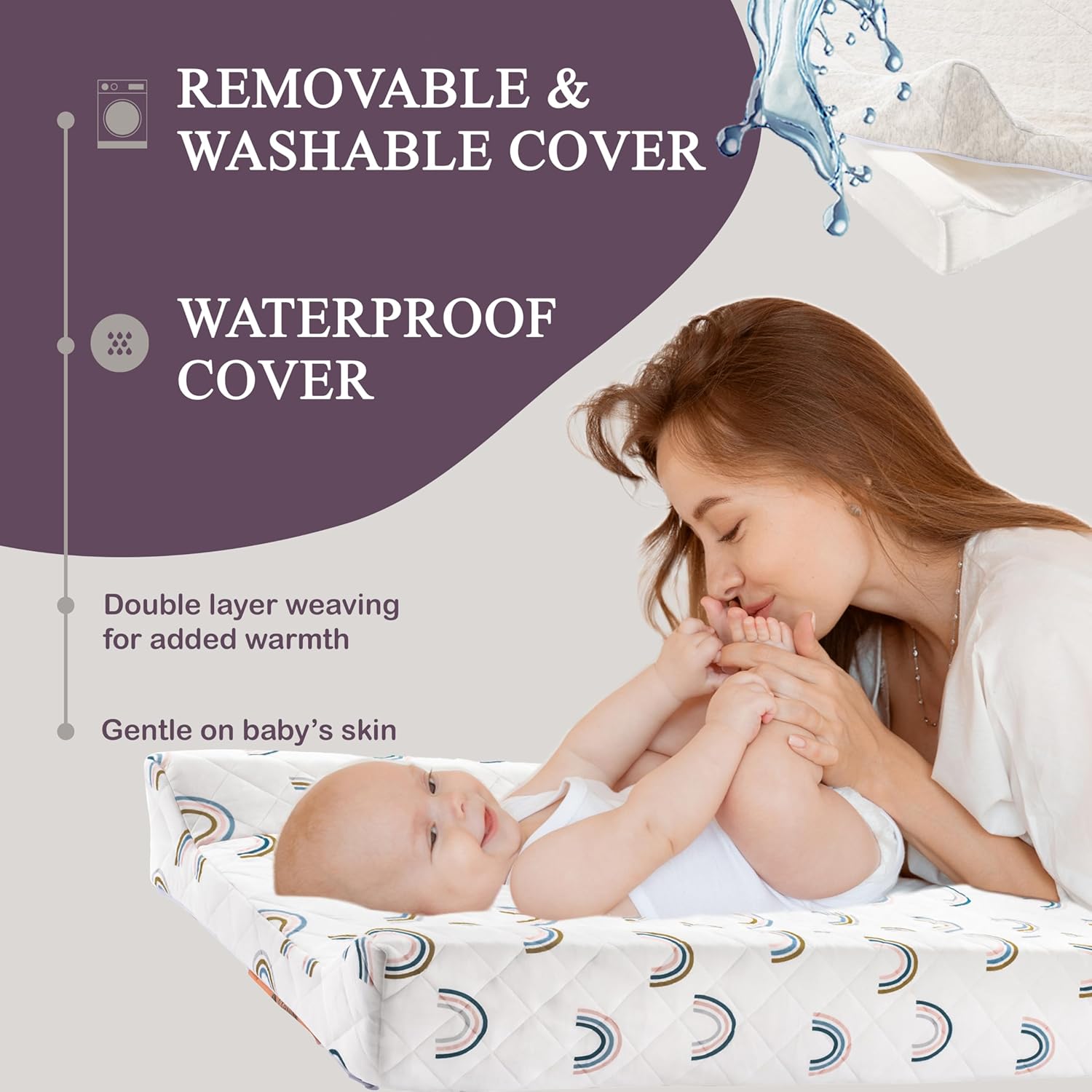 Organic Cotton Contoured Baby Changing Pad w/Waterproof Foam Mattress, Includes Soft, Removable & Washable Cover, Safety Strap, Non-Slip Bottom, Topper for Standard Size Infant Diaper Table & Dresser