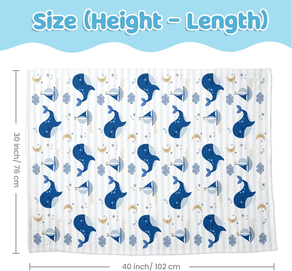 Whale Kid Blanket for Boys or Girl 30x40 - Soft Kids Throw Minky Blankets with Dotted Backing - Nursery Crib Blanket