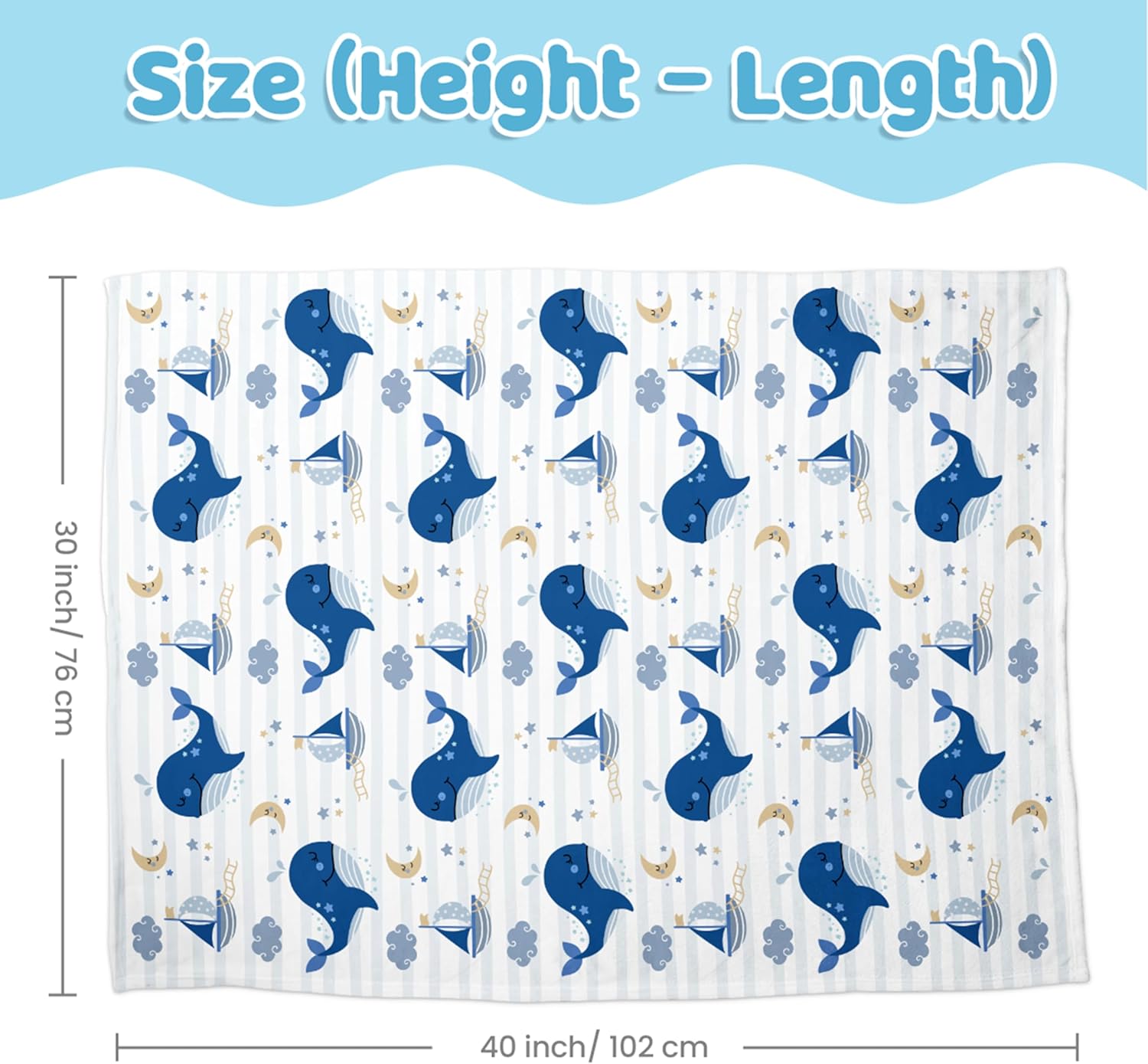 Whale Kid Blanket for Boys or Girl 30x40 - Soft Kids Throw Minky Blankets with Dotted Backing - Nursery Crib Blanket
