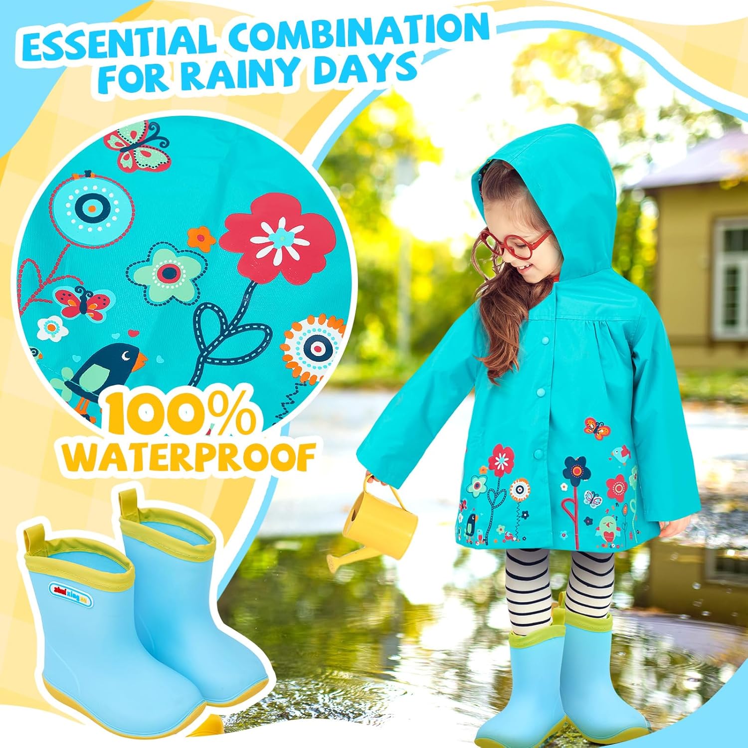2 Pcs Toddler Raincoat Rain Boots Set Kids Baby Cartoon Hoodie Zipper Jacket Short Rain Shoes for Little Boys Girls
