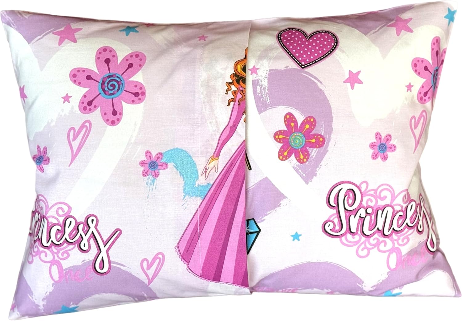 Travel Toddler Pillowcase 13 x 18 - Cotton Toddler Pillow Case Princess Pillows for Girls, Baby Pink Toddler Pillowcase - Princess with Diamonds