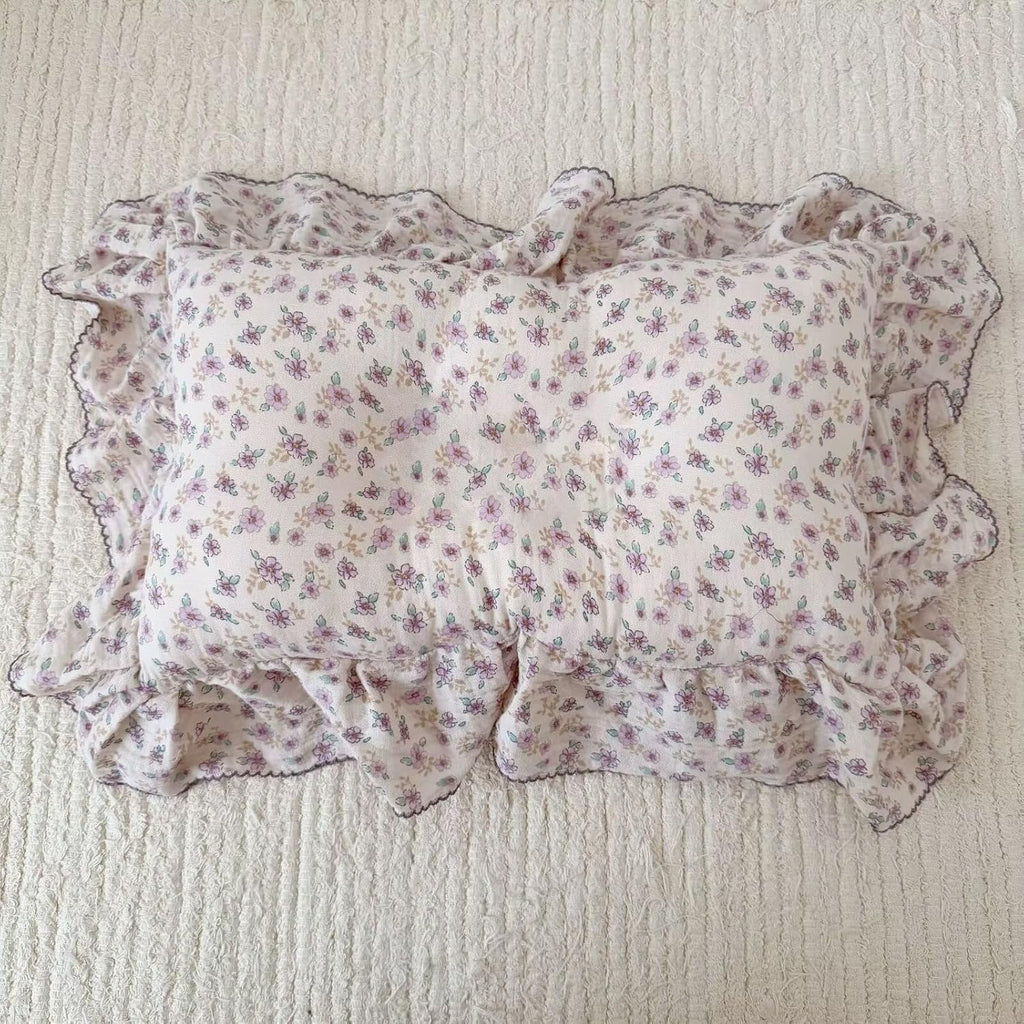 BuLuTu Purple Flower Print Kids Pillow Cases 20"x26" Fit for Standard Size Pillow, Soft Lightweight Muslin Pillow Cover 100% Cotton Floral Print Children Pillowcases with Ruffles, 1 pc