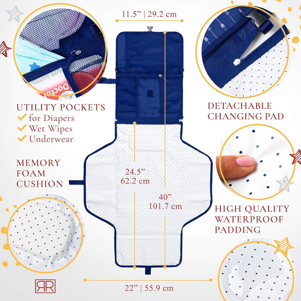 Portable Diaper Changing Pad Waterproof – B0NUS Insulated Baby Bottle Bag, 2-in-1 Diaper Clutch and Changing Mat, Wipe Clean Portable Changing Pad with Built-in Head Cushion (Dark Blue)
