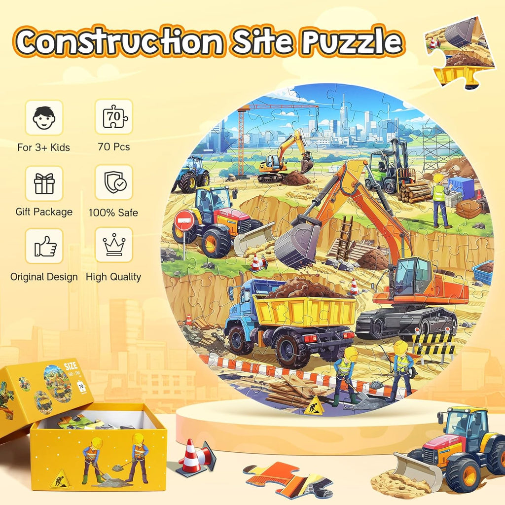 Floor Puzzles for Kids Ages 3 4 5 6 7 8, 70 Piece Construction Site Jigsaw Puzzle with Excavator Bulldozer Forklift Dumper Truck, Building Site Educational Toy Gift for Boys Birthday Christmas