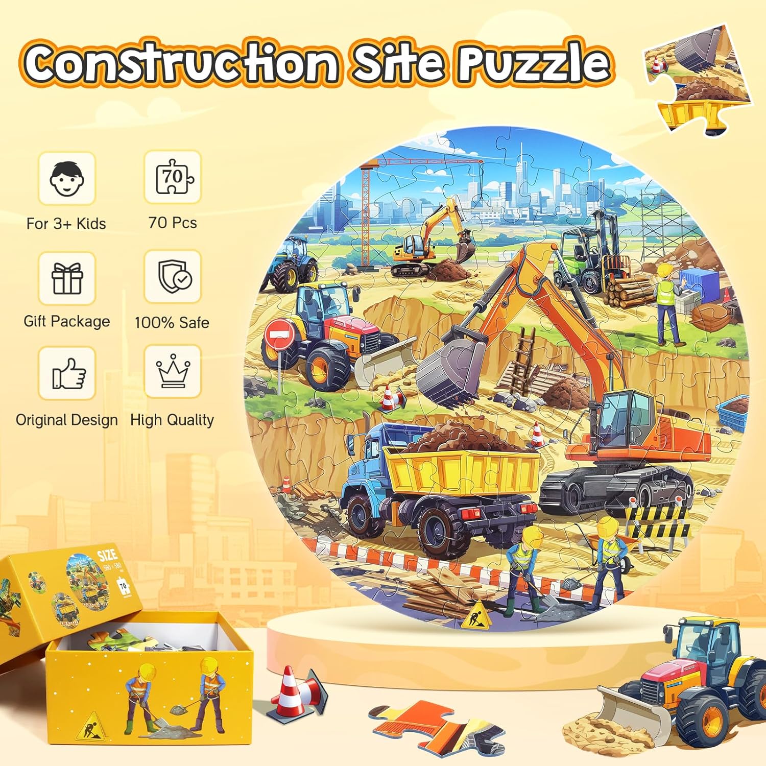Floor Puzzles for Kids Ages 3 4 5 6 7 8, 70 Piece Construction Site Jigsaw Puzzle with Excavator Bulldozer Forklift Dumper Truck, Building Site Educational Toy Gift for Boys Birthday Christmas