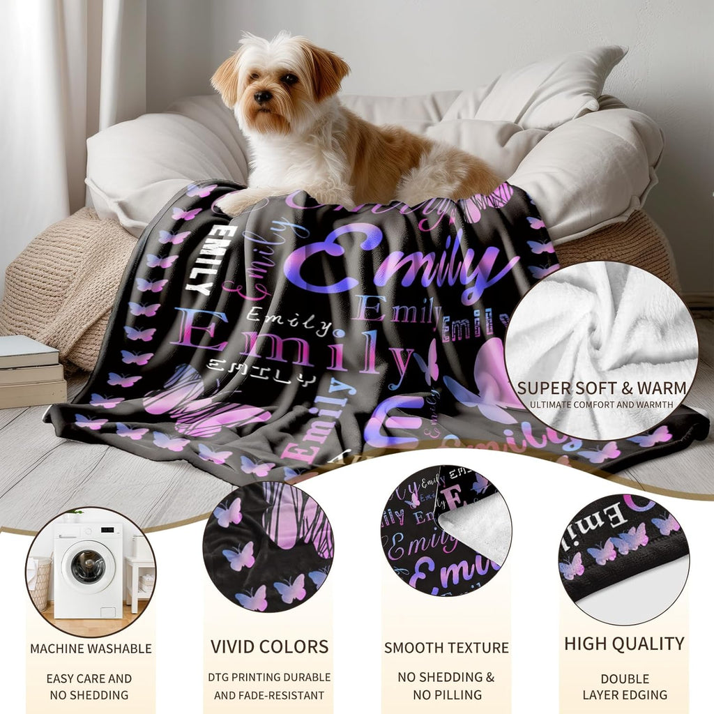 Ship Next Day, Custom Name Blanket - Printed in USA, Personalized Baby Blankets for Girls, Baby Blanket with Butterfly, Ultra-Soft Cozy Fleece Blankets, Gifts for Boys & Girls Kids Teen Girl New Mom