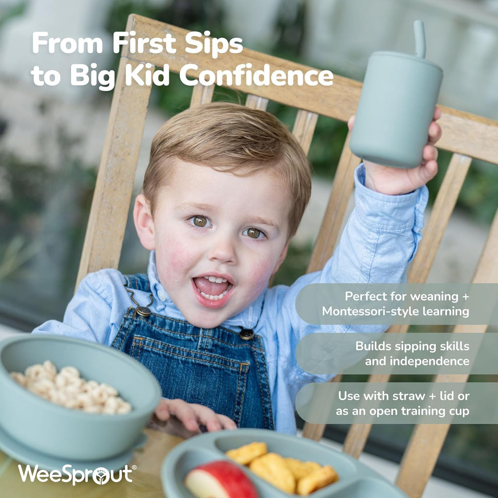 WeeSprout Silicone Baby Cups With Straws and Lids, 4 & 8 oz Options, Set of 2, Food Grade Toddler Training Container, Built In Straw Stoppers, Measurement Markings, Dishwasher Safe + Straw Cleaner