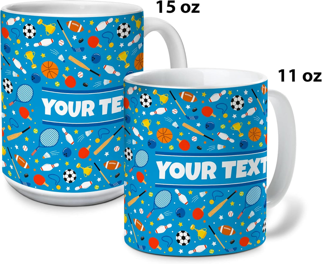 Personalized Mug for Kids - Sports - Custom Name/Text, Ceramic Hot Chocolate/Cocoa/Coffee Cup for Boys/Girls, Birthday/Christmas/Holiday Gift - 15 oz, Light Blue Handle