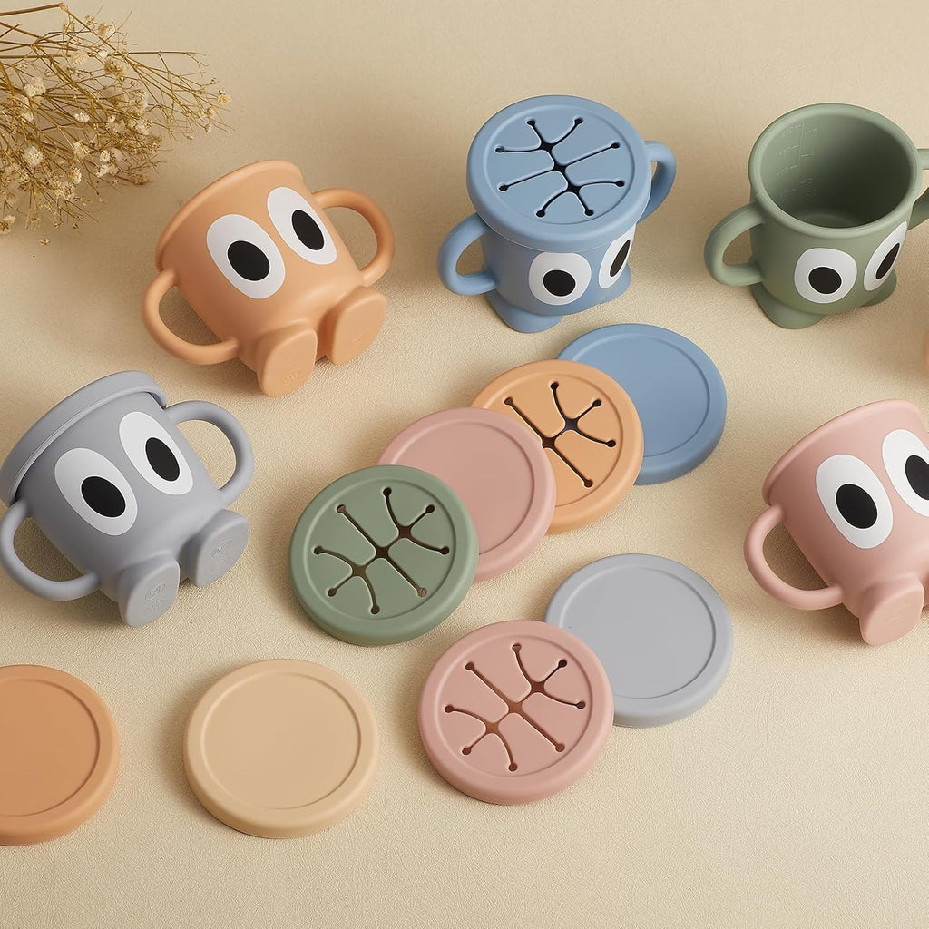 Silicone Snack Cups Food Container for Toddlers and Babies, Spill Proof Training Cup with Snack Cup Lid & Dust Proof Lid, Comes with a toy strap, Without BPA, Lead, or Phthalates (Pink)