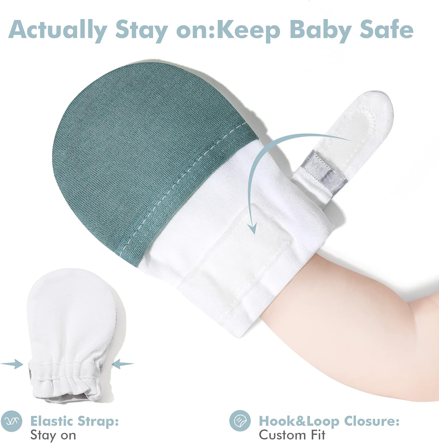 HAPIU Baby No Scratch Mittens Stay On, 100% Cotton Breathable, Adjustable Infant Gloves for Boys Girls, Newborn - 12 M