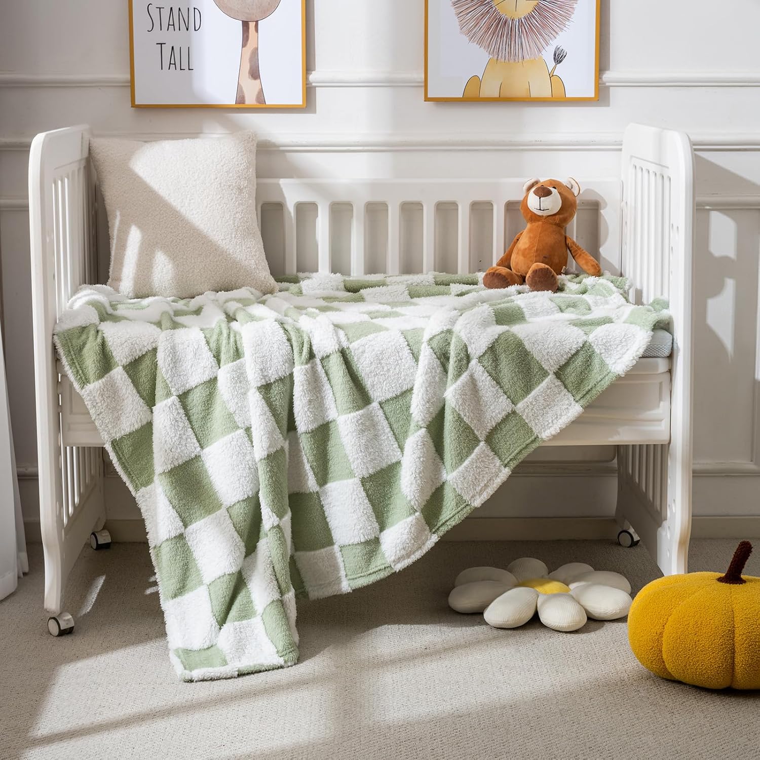 Fleece Baby Blanket for Boys 3D Checkerboard Design, Warm Cozy and Fluffy Infant Newborn Toddler Small Receiving Blankets for Crib Stroller, 30x40 Inches, Green