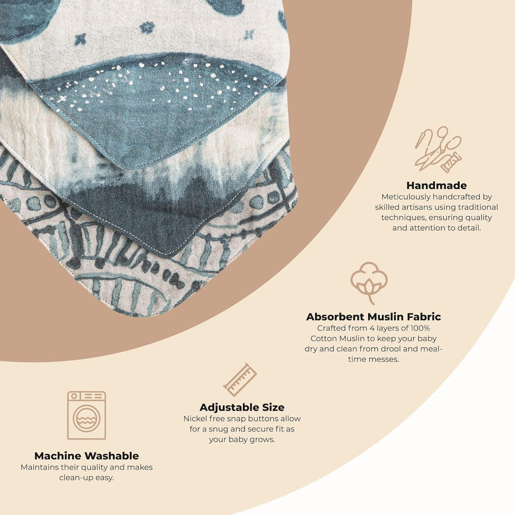 Crane Baby Soft Muslin Baby Bib Set, Adjustable and Absorbent Bandana Style Bibs for Boys and Girls, Whale, 3 Piece, 18.5” x 9”