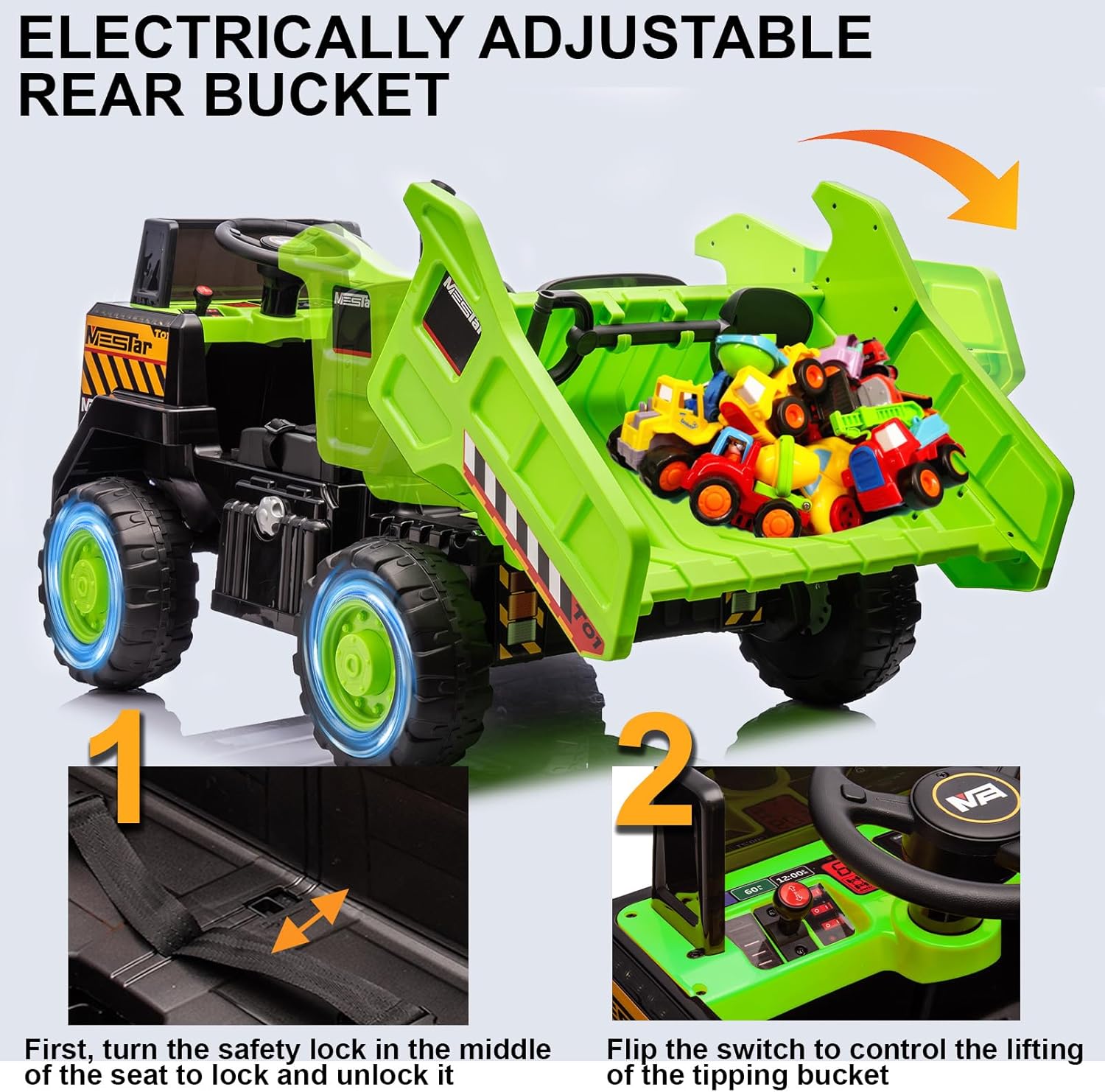 24V Ride On Dump Truck, 24inch-2 Seater Ride On Car for Kids w/Remote Control 4WD/2WD Up to 5 Mph, 24v Ride on Toys for Big Kids w/Electric Dump Bed Extra Shovel Traffic Cones (Green)
