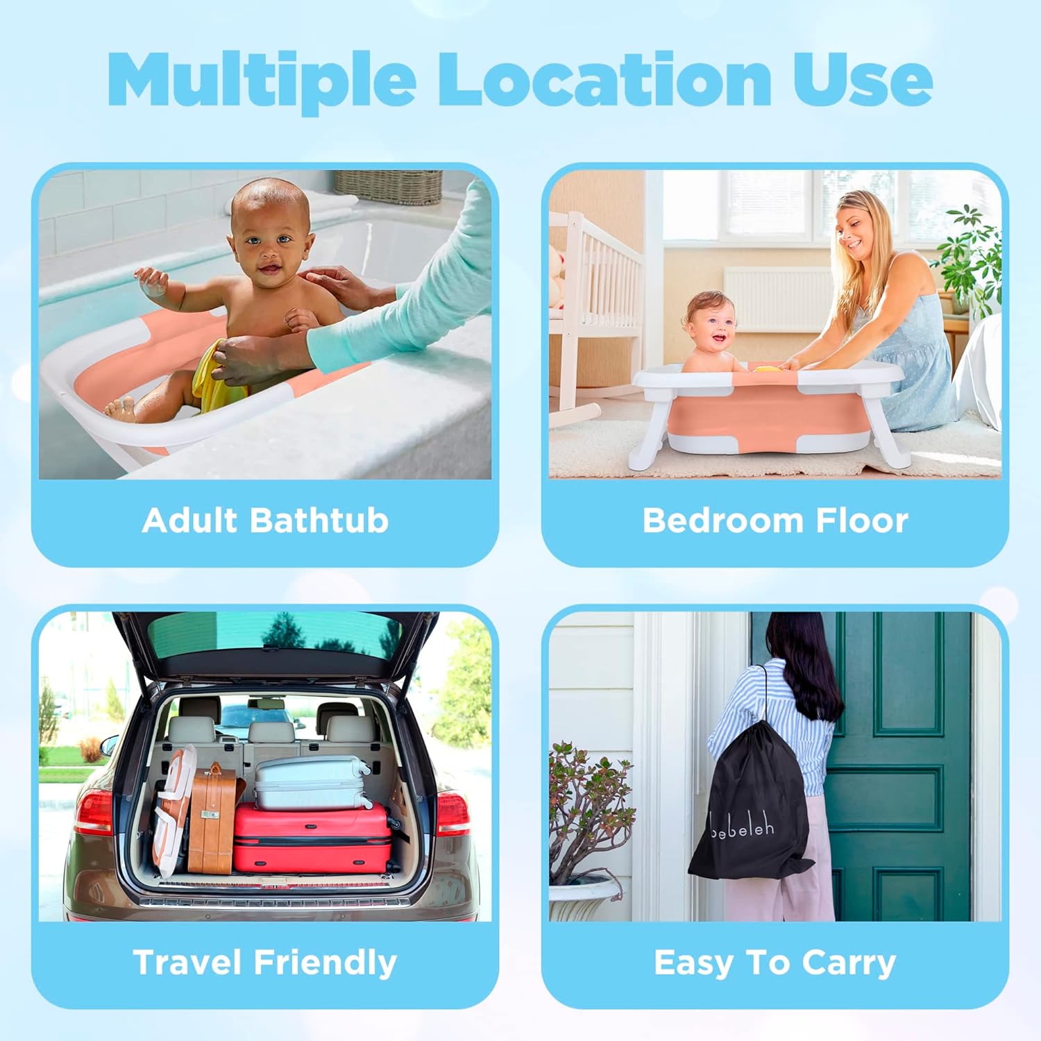 BEBELEH™ Collapsible Baby Bathtub – Bathtub + Baby tub Sling + Newborn Sling – Baby Bathtub Newborn to Toddler 0-24 Months – The Ultimate Travel Baby Bath Tub and Everyday Use! (Pink)