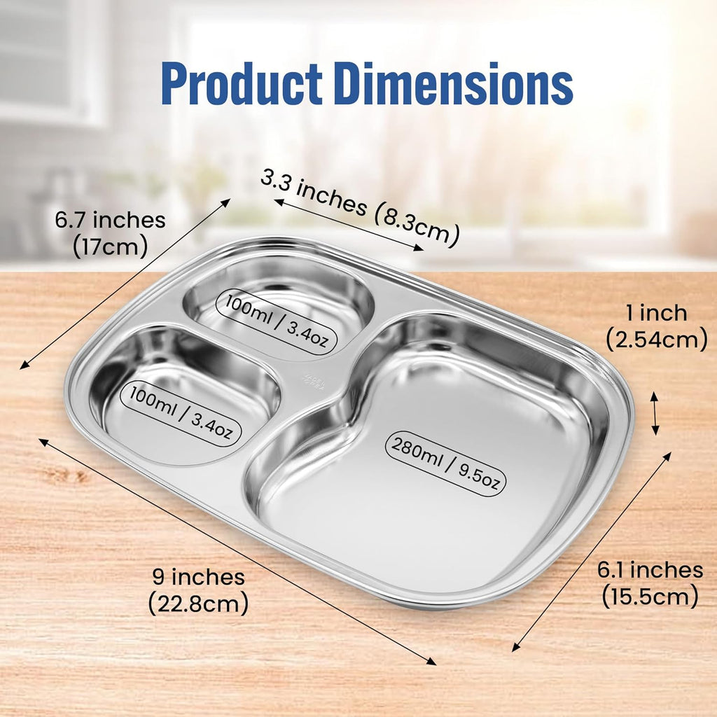 Korean Stainless Steel Divided Plates, Kids Toddlers Babies Tray, BPA Free, Diet Food Control, Camping Dishes, Compact Serving Platter, Dinner Snack, 3 Compartment Plate Silver, Set of 2