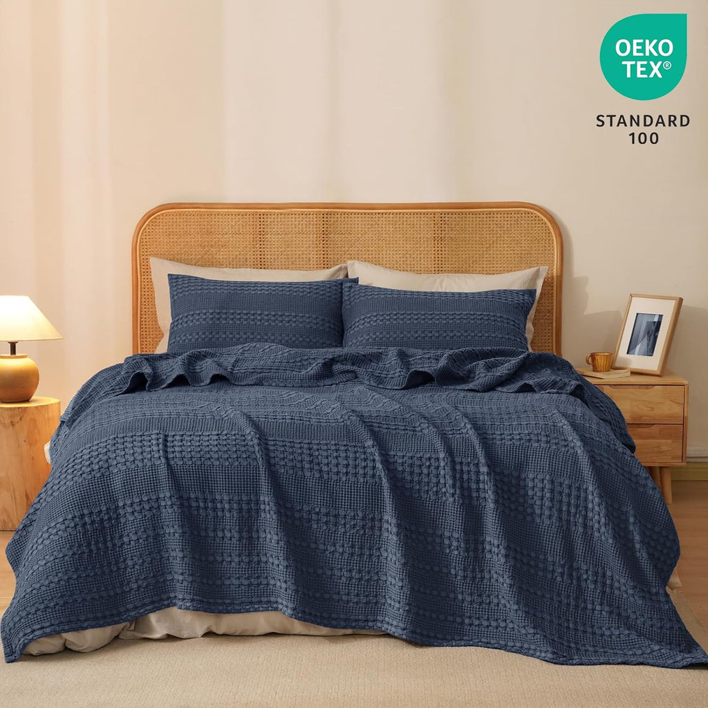 PHF 100% Cotton Waffle Weave Blanket Twin Size, Soft Lightweight Breathable Cozy Summer Blankets for Bed, Luxury Aesthetic Woven Bedding for Home Decor, 66"x90", Dark Navy