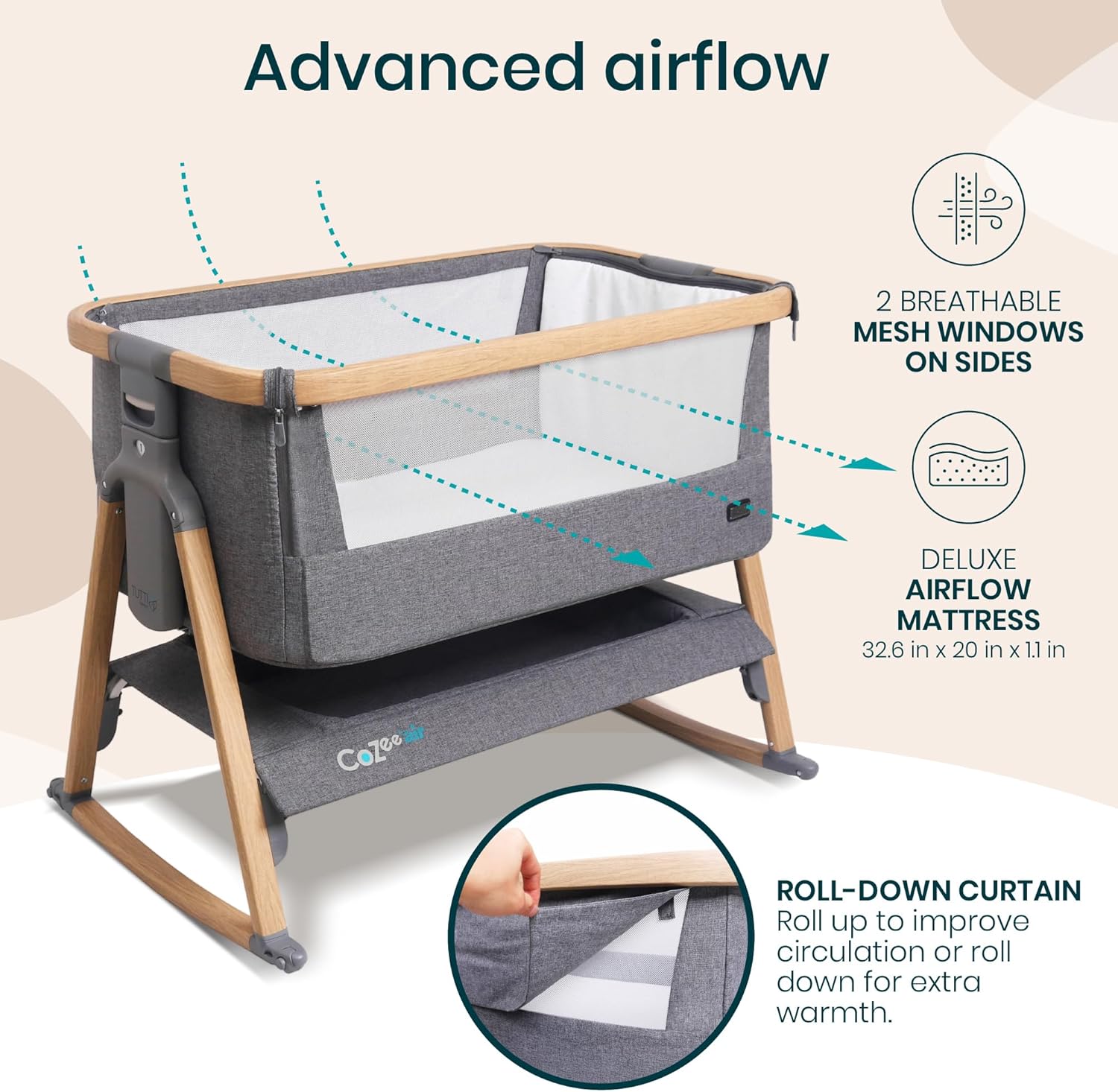 CoZee® Air Baby Bassinet & Bedside Sleeper - Rocking Bassinet for Baby, Fast-Folding with Travel Bag, Deluxe Airflow Mattress & 6 Mattress Heights, 0-6 Months (Oak & Charcoal)