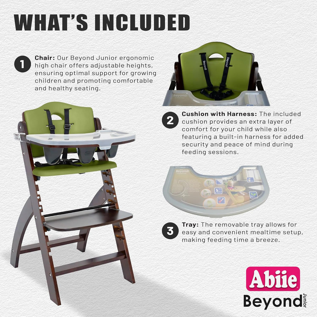 Abiie Beyond Junior Wooden High Chair with Tray - Adjustable and Convertible High Chair for Babies and Toddlers - 6 Months to 250 Lb - Water Resistant - Mahogany Wood/Olive Cushion