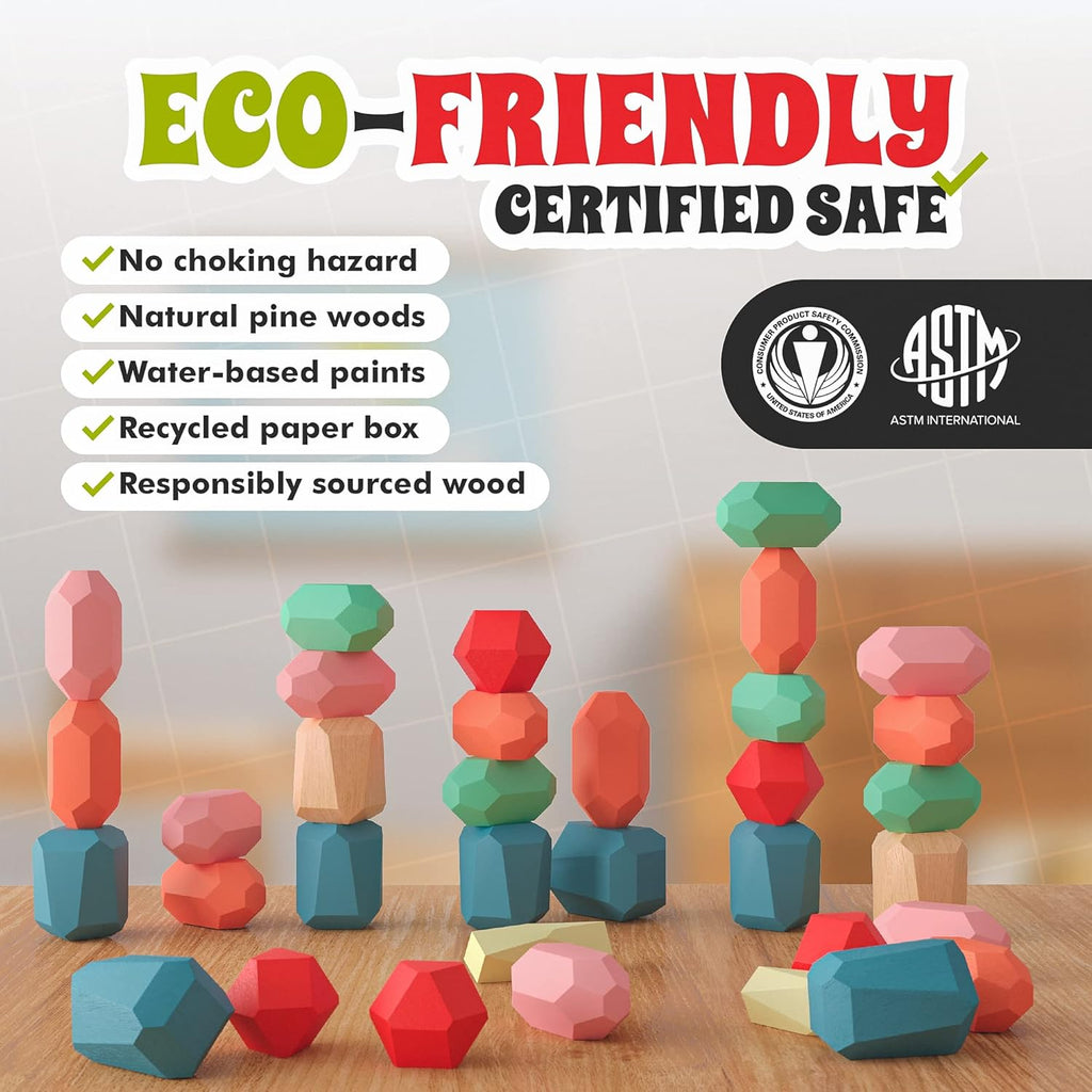 36 Pcs Wooden Stacking Blocks – Montessori Toys for 1 2 3 4 5 6 Year Old Toddlers and Kids, XL Rocks, No Choking Hazard – Sensory STEM Building Stones, for Girls and Boys