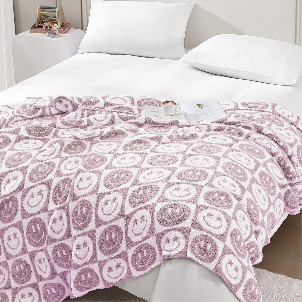 WRENSONGE Checkered Throw Blanket Lilac Smiling Face Soft Cozy Fluffy Warm Hand Made Weave Throw Blankets for Couch, Sofa, Chair, Bed, Camping, Picnic, Travel Lightweight Bed Blanket - 60"*80"