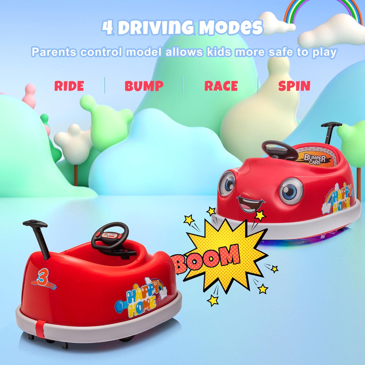 12V Dual Battery Electric Ride on Kids Bumper Car w/Remote Control,360 Degree Spin,Push Rod Rocker Horse Function,3-Speeds Babies & Toddlers Bumping Car Ride on Toy Gift for 1-4 Years Children (Red)
