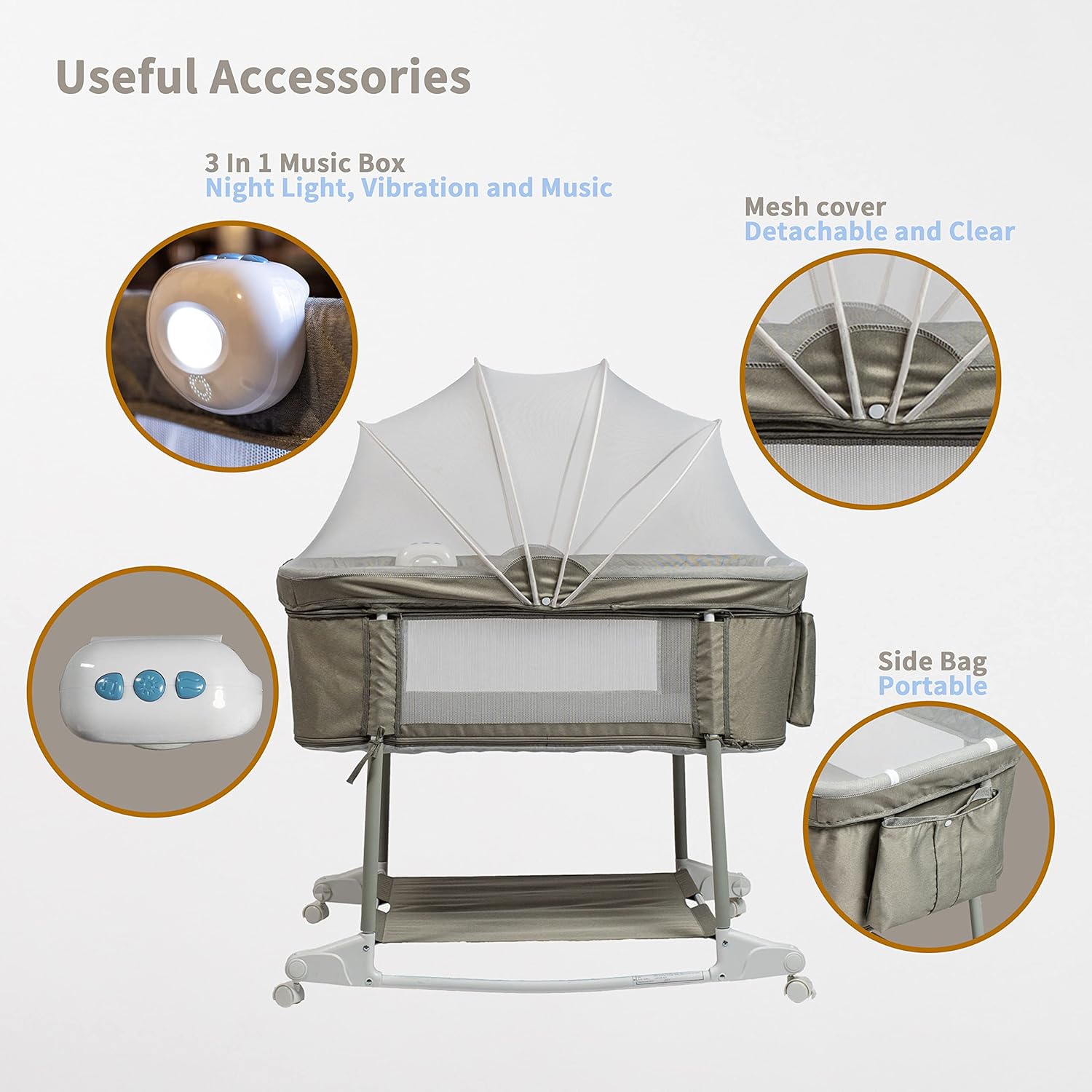 Newborn Portable Bassinet on Wheels for Baby 3 in 1 Bedside Sleeper Rocking Crib Playard with Breathable Mesh Cover Detachable Mosquito Net and Music Box Multi Mode(Light Grey)