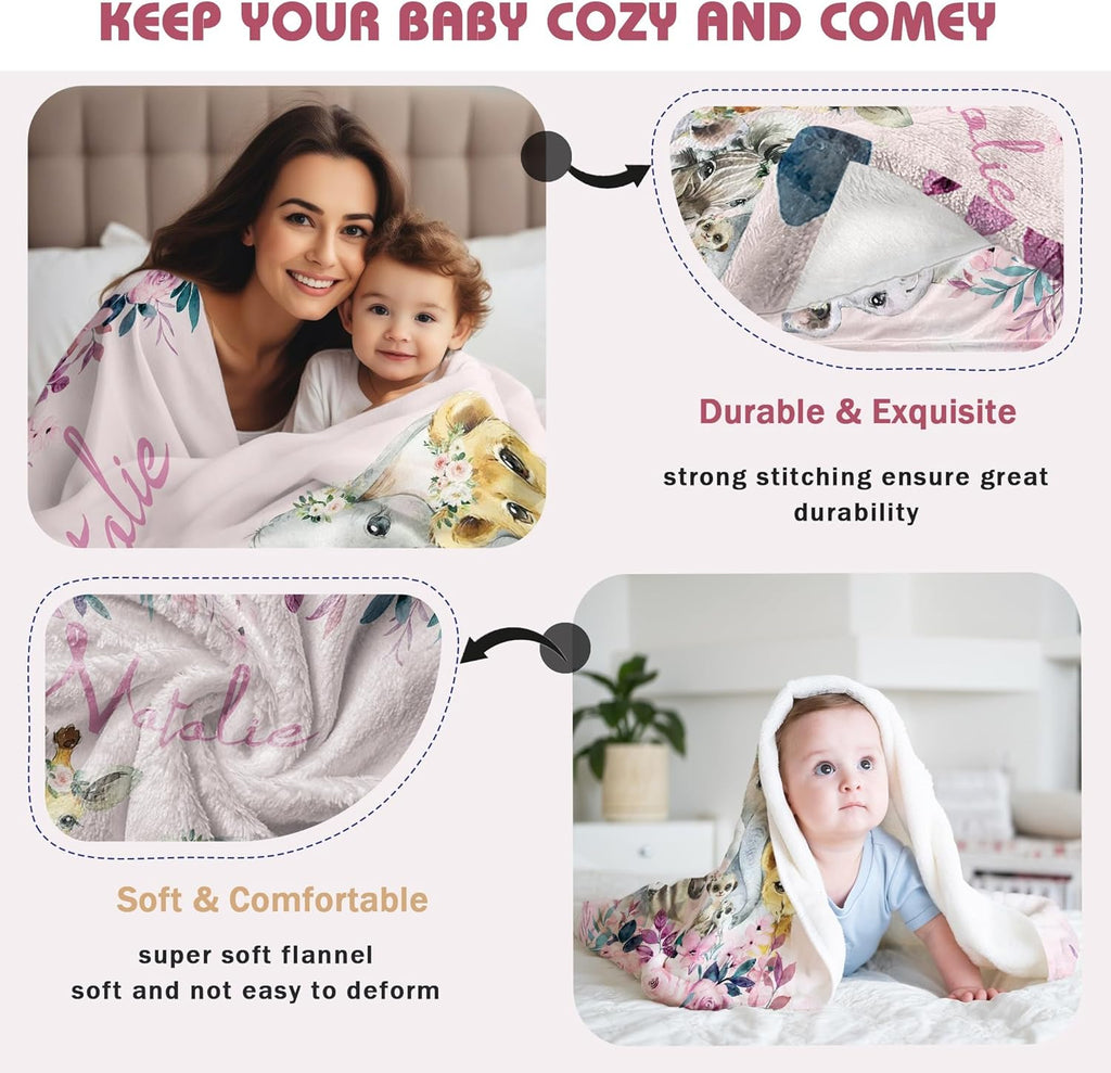 Personalized Baby Blanket with Name Custom Animals Blanket for Infant Toddler Newborn Customized for Boy Girl Birthday Christmas