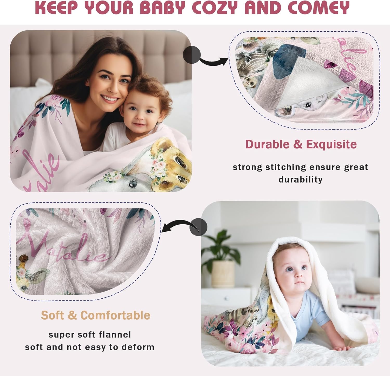 Personalized Baby Blanket with Name Custom Animals Blanket for Infant Toddler Newborn Customized for Boy Girl Birthday Christmas