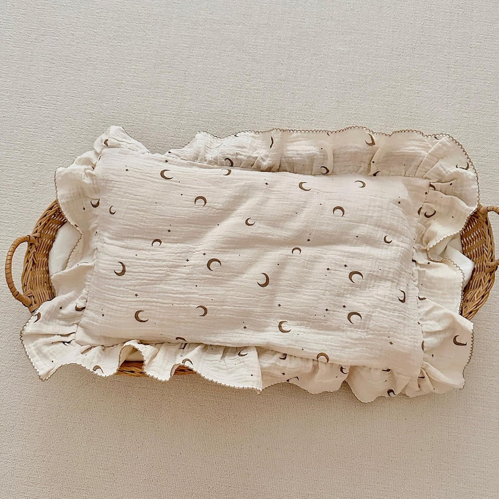 BuLuTu Muslin Toddler Pillowcases Girls Boys,Soft Breathable Cotton Kids Pillow Cover, Moon Star Pattern Shabby Chic Nursery Pillow Cases Enveloped Closure, 14"x20", 1 Piece