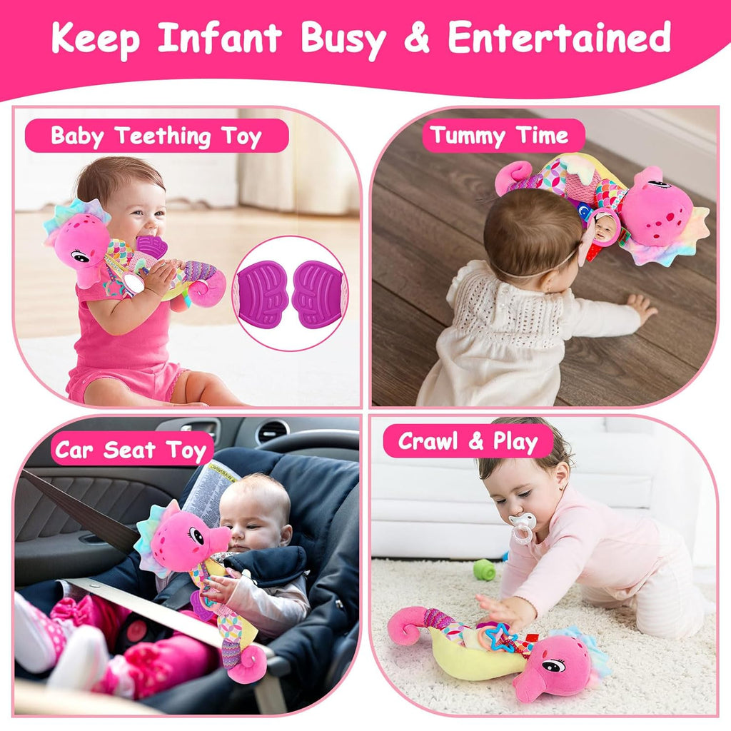 Baby Sensory Toys 0-6 3-6 Months Musical Stuffed Animal Plush Pink Seahorse for Infant 6-12 Month Tummy Time with Baby Mirror Newborn Crinkle Developmental Toy Girls Boys Birthday Gifts 0-3 4 5 Month
