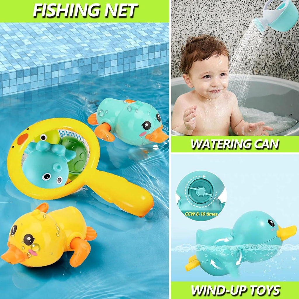 Bath Toys for Babies 6-12 Months+, Wind-up Ducks Bath Toys for Kids Ages 1-3, No Hole Ocean Animal Floating Pool Toys, Watering Can Fishing Net Water Toys for Toddlers