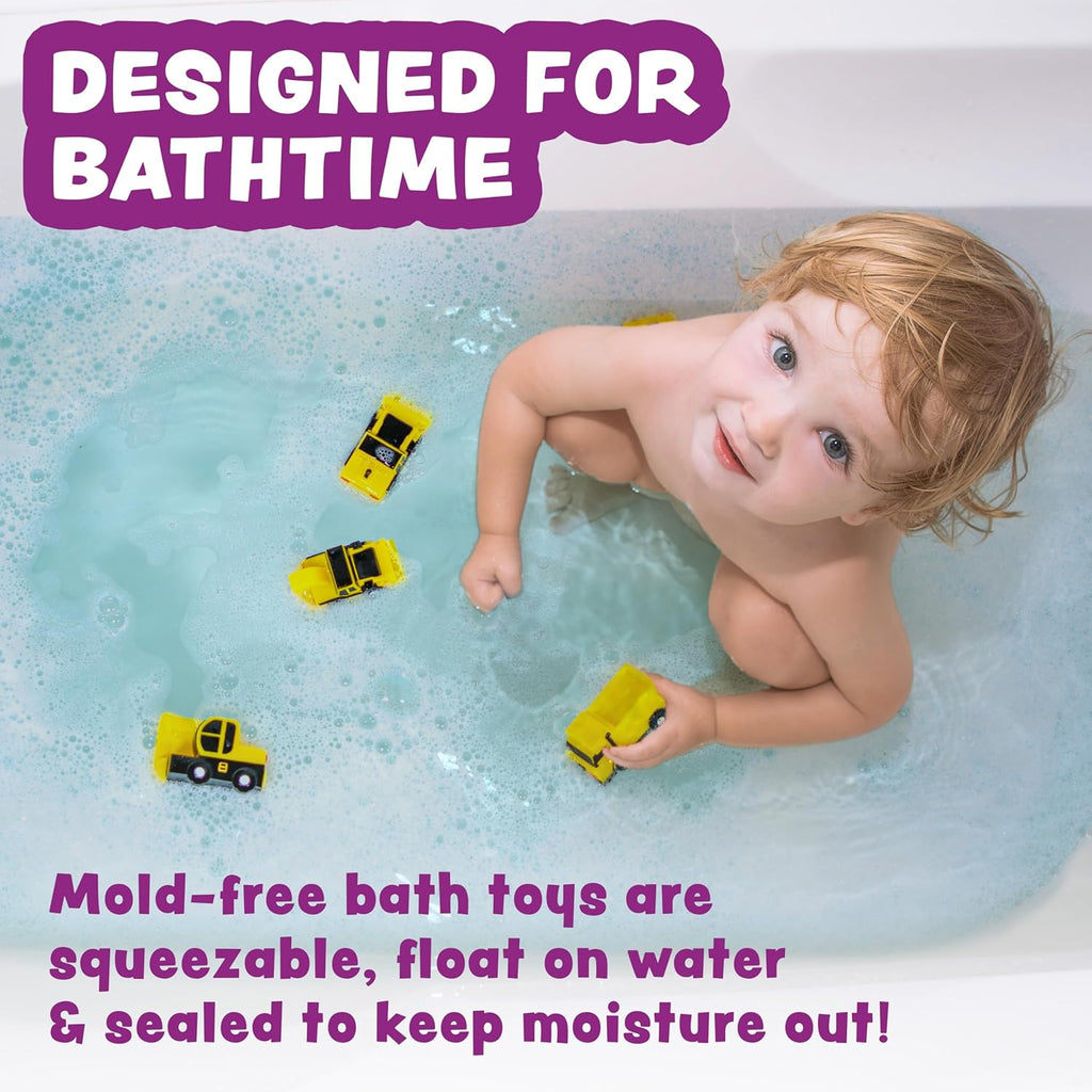 Tub Works® Construction™ Trucks Mold Free Bath Toys, 6 Pack | Sealed, No Hole Bath Toys Design Keeps Moisture Out | Soft, Squeezable & Float on Water | Baby & Toddler Bathtub Toys | Baby Pool Play
