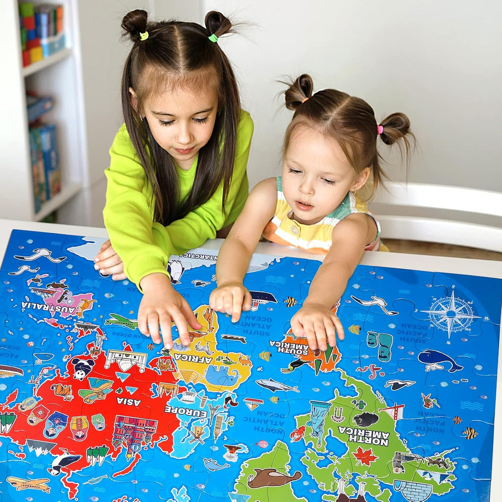 Jumbo Floor Puzzle for Kids,World Map Jigsaw Geography Puzzles,48 Piece Globe Atlas Puzzle with Continents,United States Puzzle for Ages 3-5,Preschool Learning Toys Gift for 4-8 Years Old
