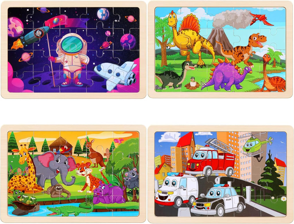 Wooden Puzzles Toys for Kids Ages 3-5, Set of 4 Packs Dinosaur, Space, Transportation Wood Toddler Puzzles, Preschool Brain Teaser Toys for Boys and Girls 2 3 4 5 6 Years Old