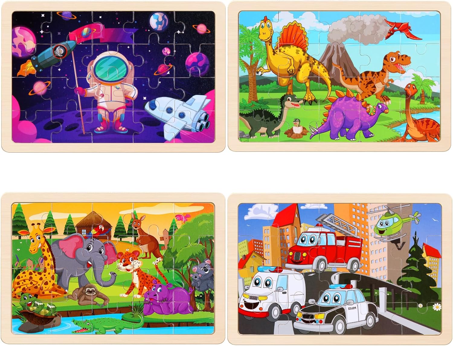 Wooden Puzzles Toys for Kids Ages 3-5, Set of 4 Packs Dinosaur, Space, Transportation Wood Toddler Puzzles, Preschool Brain Teaser Toys for Boys and Girls 2 3 4 5 6 Years Old