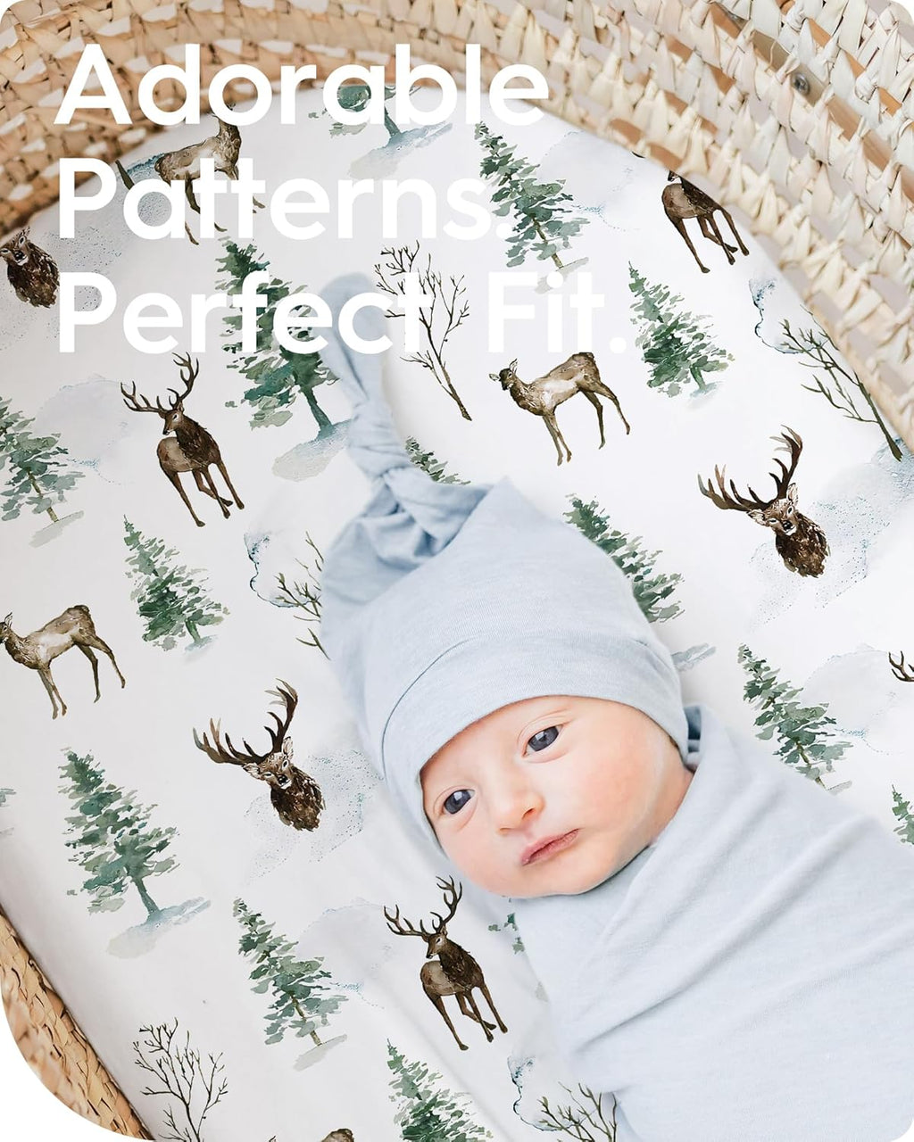 Bassinet Sheets for Baby Boy Girl, TotBasic Buttery Soft Universal Bassinet Fitted Sheet, Compatible with Halo, Mika Micky, Baby Delight, Dream On Me, Maxi COSI and More Bassinet Mattress(Bear&Deer)