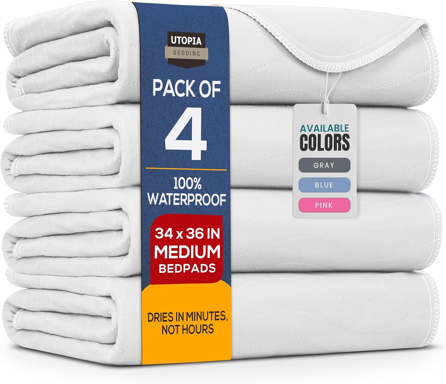Utopia Bedding Washable Underpads 34" x 36" (Pack of 4), Waterproof Reusable Heavy Absorbency Incontinence Bed Pads for Adults, Kids, Elderly and Pets, Bedwetting Pads for Sofa and Couch (White)