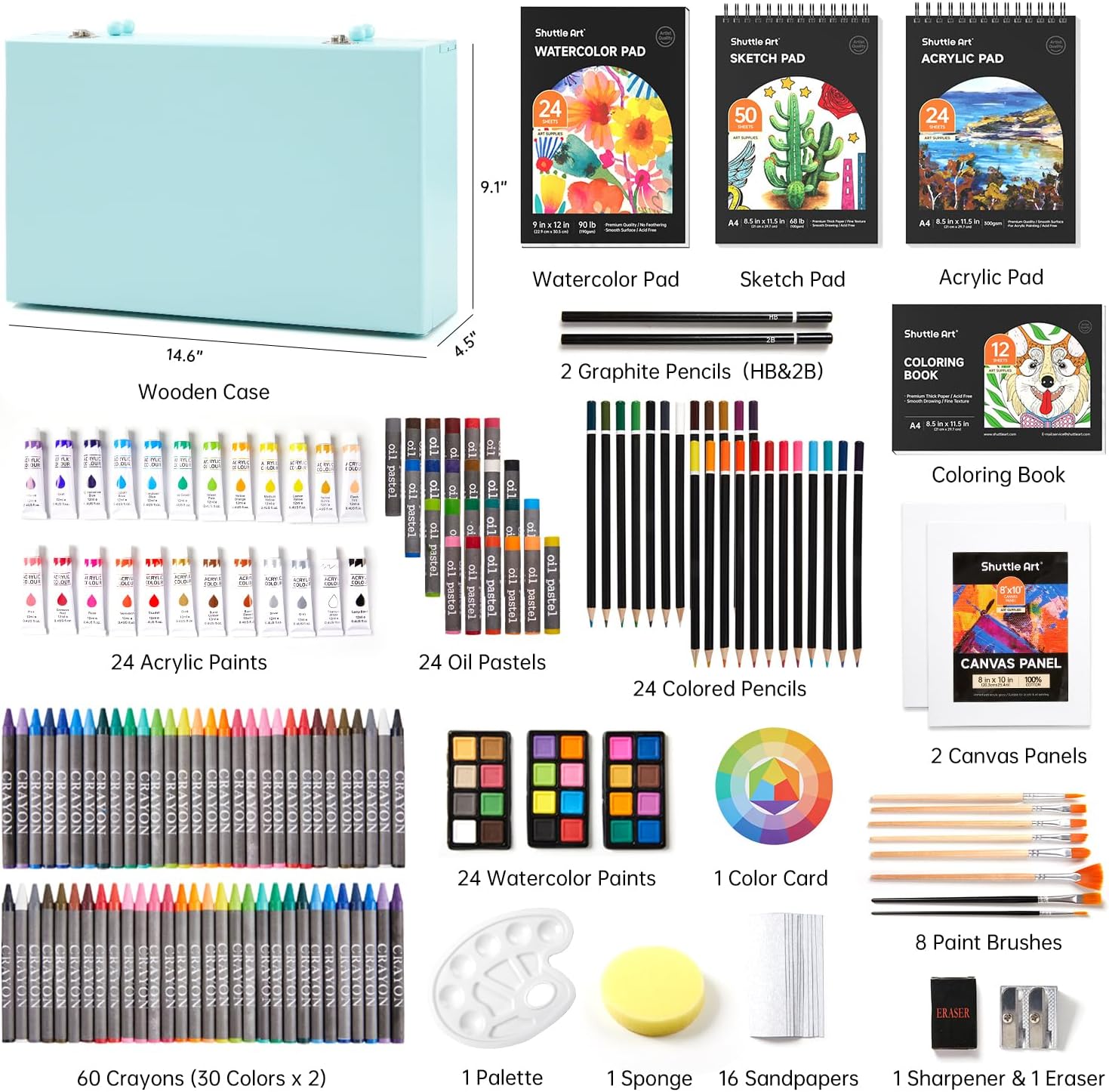 Shuttle Art Deluxe Gift Art Kit, 202-Piece Wooden Art Supplies Set with 4 Drawing Pads, Canvases, Coloring Sheets, Acrylic Paint, Crayons, Oil Pastels, Colored Pencils for Kids