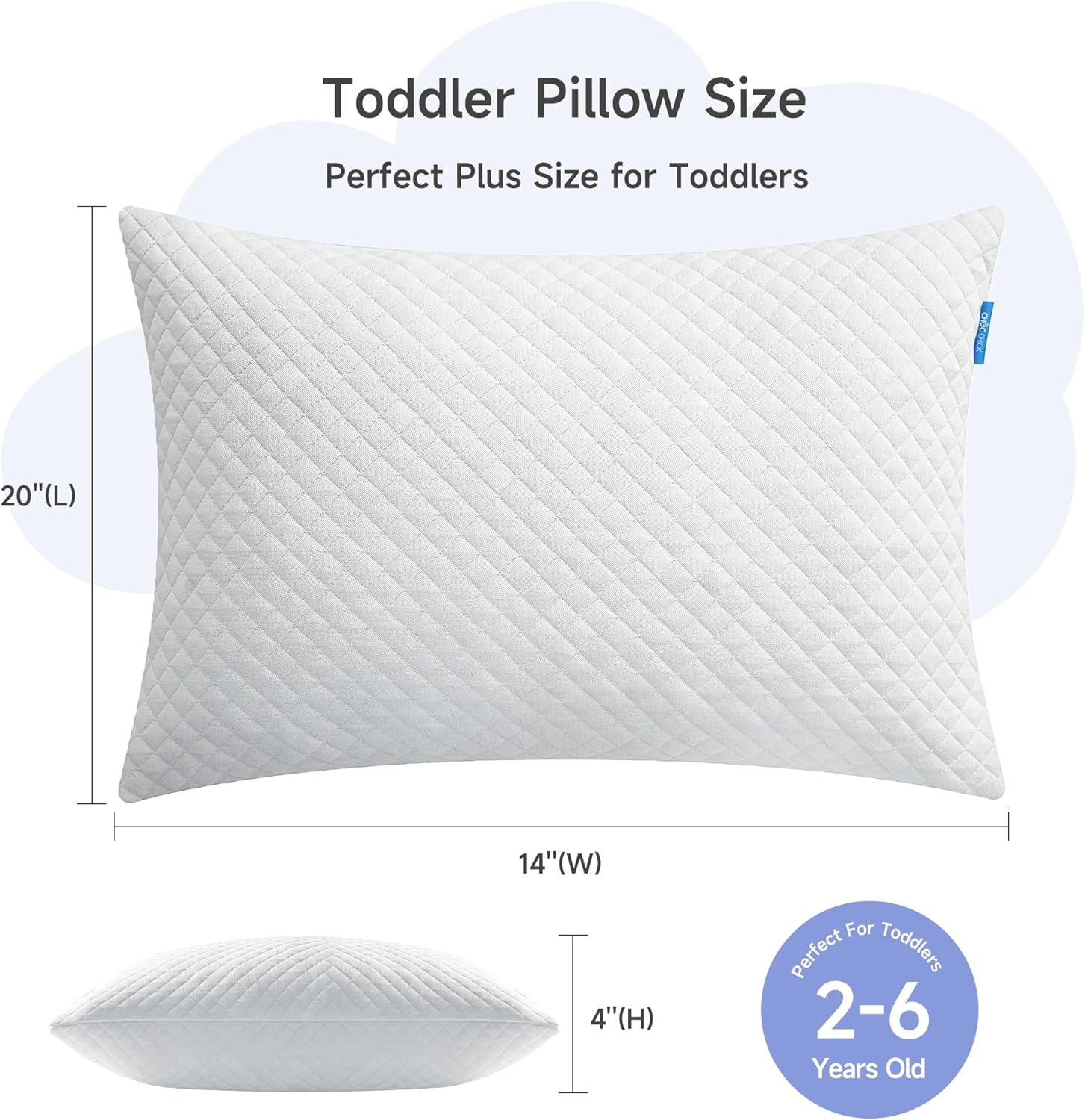Memory Foam Toddler Pillow Pack of 2,20X14' Kids Pillow with Machine Washable Pillowcase Rayon Derived from Bamboo,Adjustable Height Toddler Pillows for Sleeping 2-6 Years Old(White)