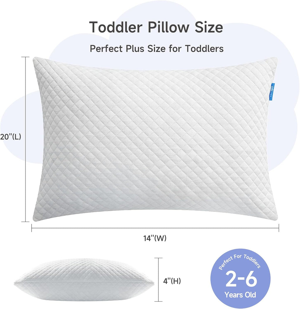 Memory Foam Toddler Pillow,20X14’ Kids Pillow with Machine Washable Comfortable Pillowcase Rayon Derived from Bamboo,Adjustable Height Toddler Pillows for Sleeping 2-6 Years Old (1, White)