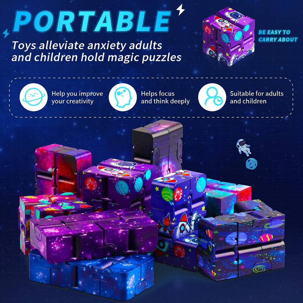20 Pcs Galaxy Infinity Cube Toy Bulk with Drawstring Bag Mini Blocks Cube Gadget Sensory Toy Stress Anxiety Relief Magic Puzzle Flip Hand Held Fidget Blocks Party Stuffers for Kids Adults ADHD