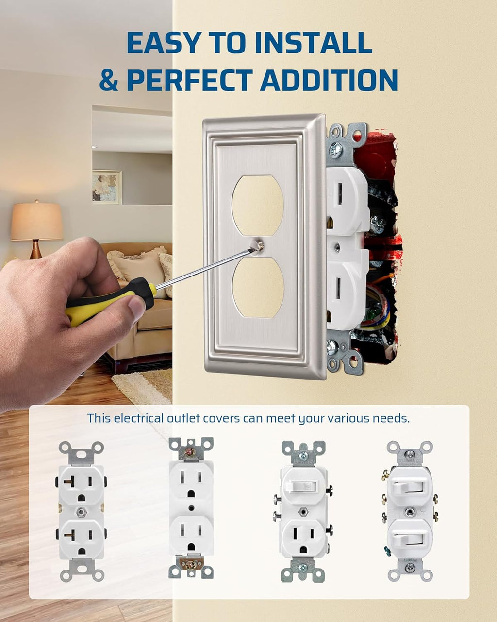DEWENWILS 8-Pack Duplex Wall Plate, Metal Wall Outlet Cover for Receptacle, Light Switch, Brushed Nickel