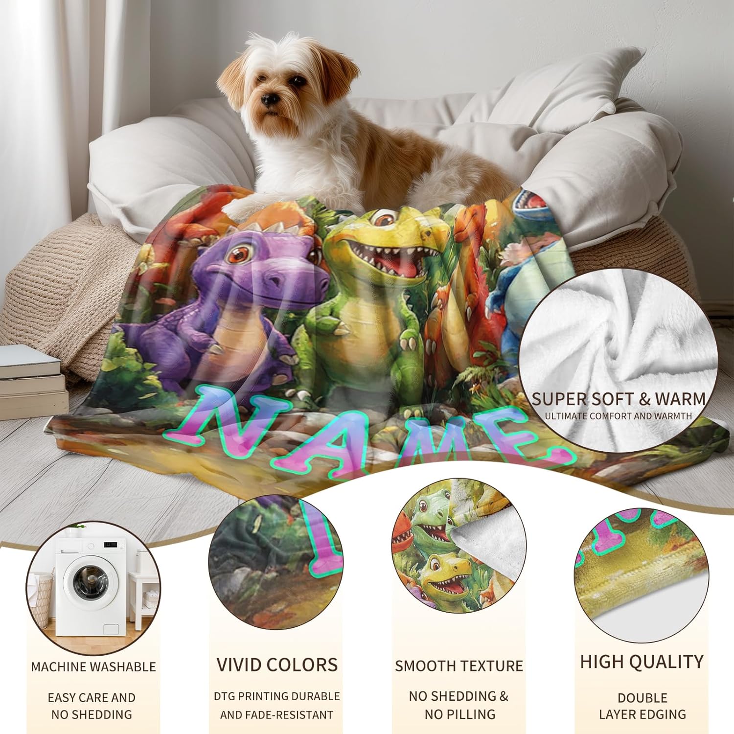 Ship Next Day, Custom Dinosaur Blanket - Printed in USA, Personalized Blankets with Name, Gift for Kids Boys Girls, Unique Present for Birthday, Christmas, Educational Blankets for Children