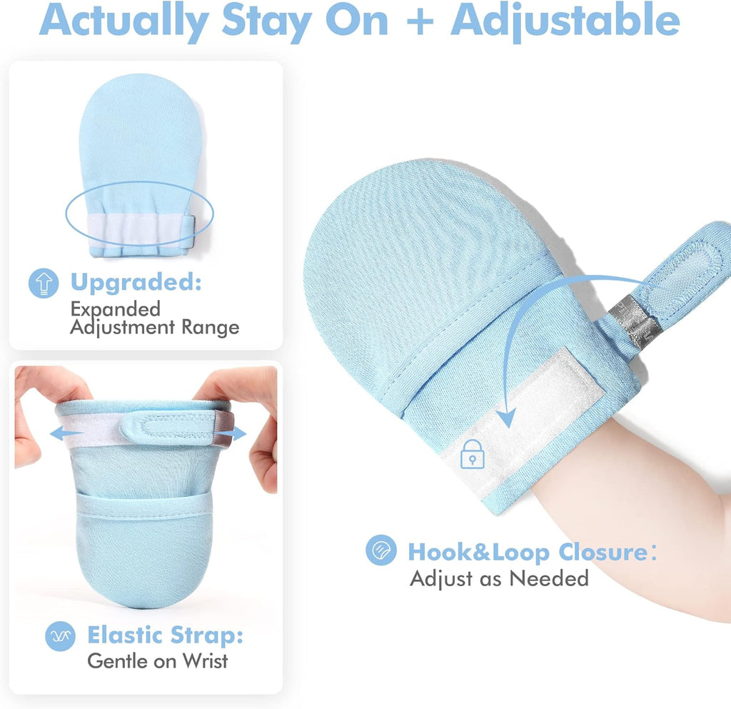 HAPIU Baby No Scratch Mittens Stay On, 100% Cotton Breathable, Adjustable Infant Gloves for Boys Girls, Newborn - 12 M