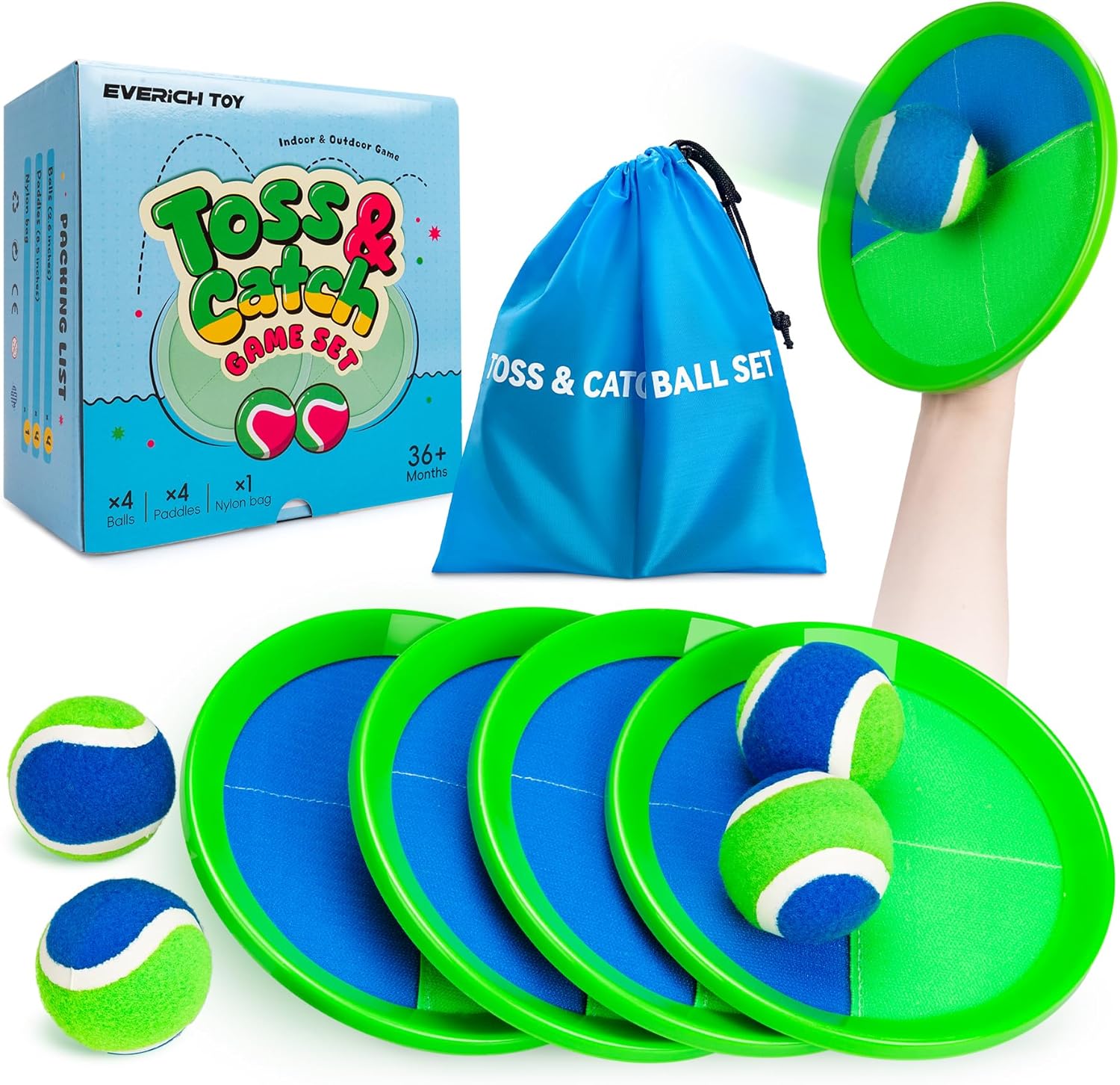 EVERICH Upgraded Toss and Catch Ball Game Set - Indoor and Outdoor Games for Kids 3-12, Beach Sand Pool Water Toy Includes 4 Paddles 4 Sticky Balls, Great Birthday Easter Gifts for Boys Girls