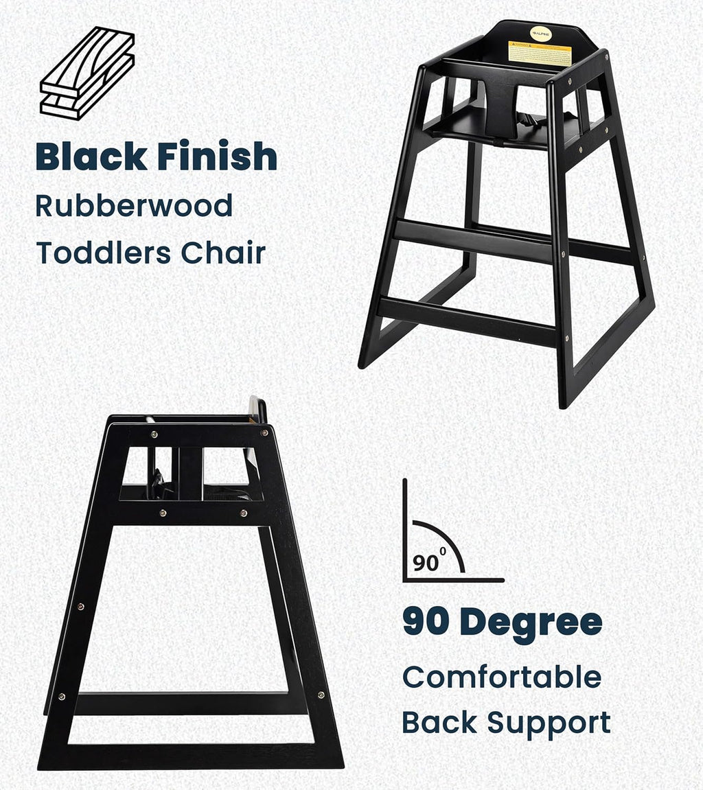 Alpine Wooden High Chairs for Babies and Toddlers with Safety Strap, Commercial Grade Restaurant High Chair, Durable Wood Space Saver Baby Feeding Chair, Ideal for Dining Spaces (2 Pack, Black)