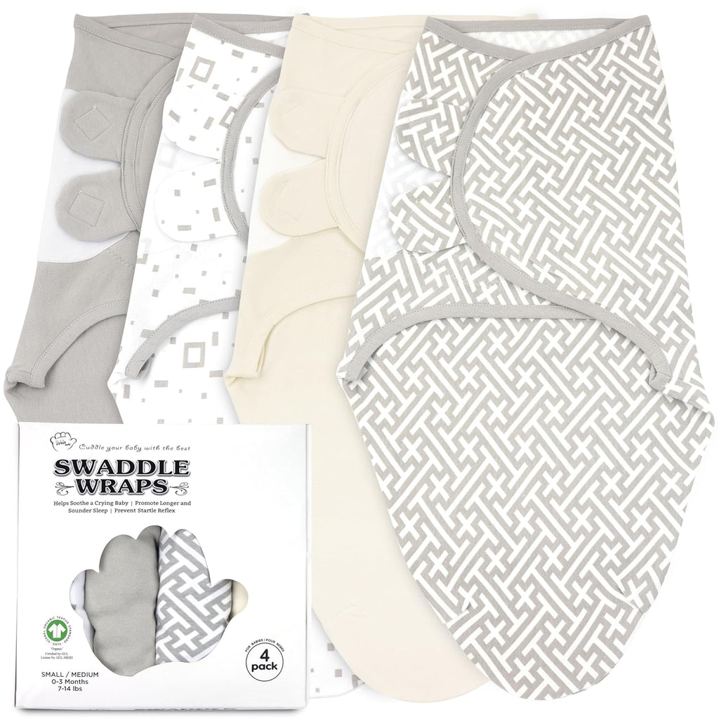 Bublo Baby Swaddles for Newborns – 4-Pack Infant Swaddles 0-3 Months – Adjustable Swaddle Sleep Sack – Soft Organic Cotton Baby Wrap for Safe & Cozy Sleep (Geometric Grey-Cream)