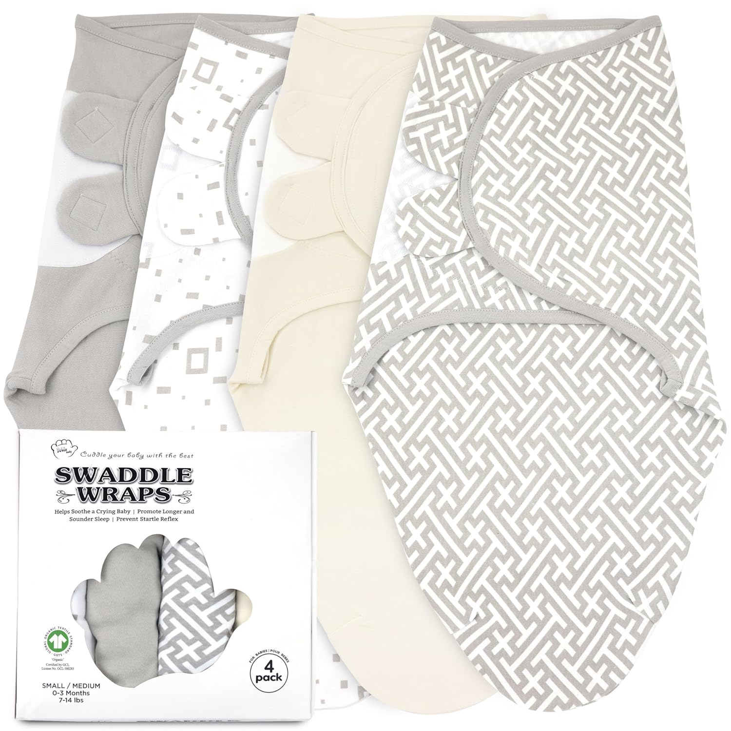 Bublo Baby Swaddles for Newborns – 4-Pack Infant Swaddles 0-3 Months – Adjustable Swaddle Sleep Sack – Soft Organic Cotton Baby Wrap for Safe & Cozy Sleep (Geometric Grey-Cream)