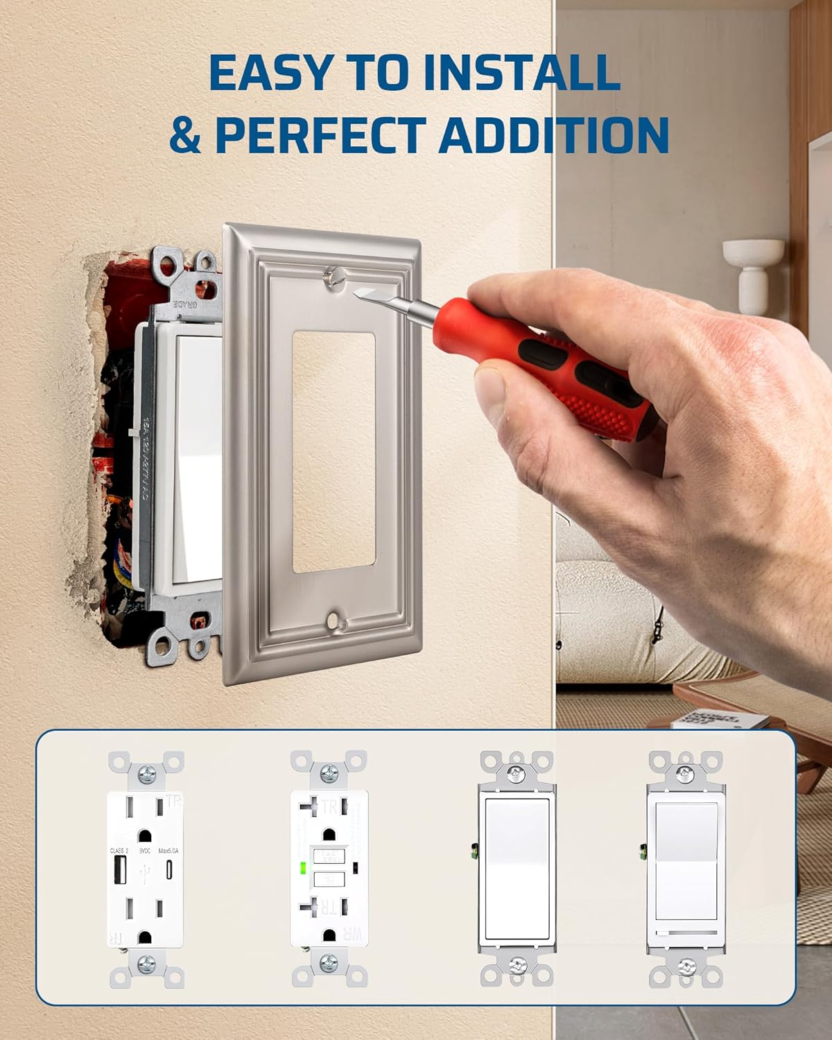 DEWENWILS 4-Pack Metal Wall Outlet Cover, Decorator Wall Plates for Receptacle, GFCI Outlet, Dimmer Switch, Brushed Nickel